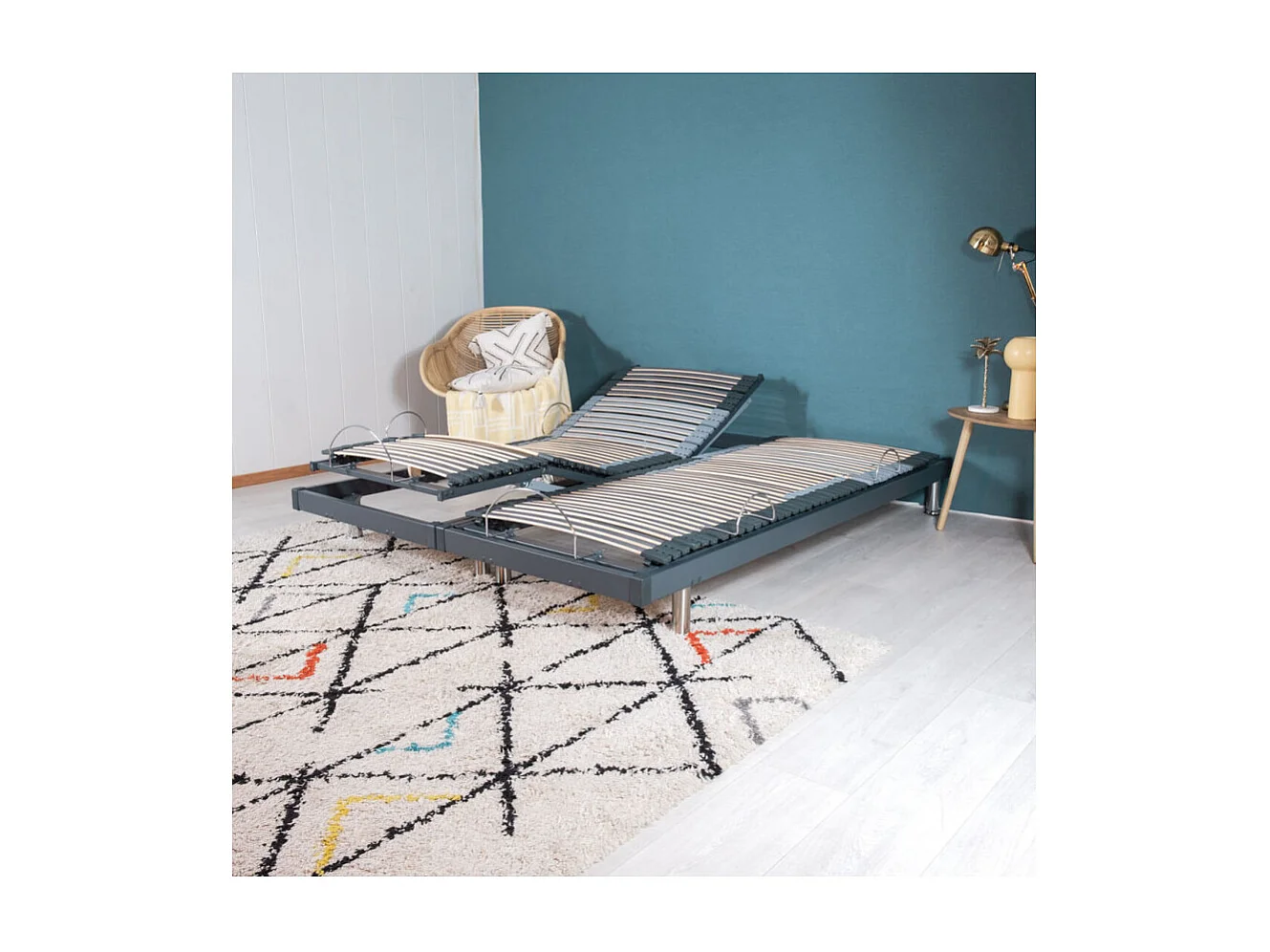 Sommier électrique S50 -Lattes bois -Réglage fermeté zone lombaires -2x80x200 -Gris