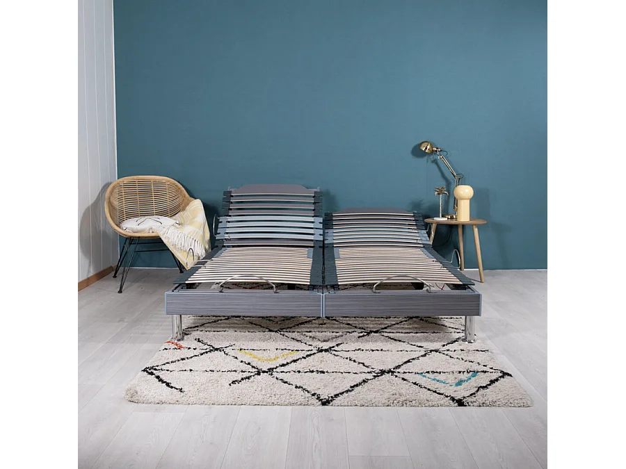 Sommier électrique S62+Lattes bois - Réglage fermeté zone lombaires - 2x80x200 - Gris