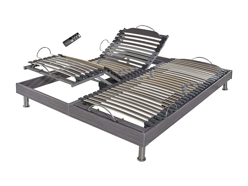 Sommier électrique S62+Lattes bois - Réglage fermeté zone lombaires - 2x90x200 - Gris