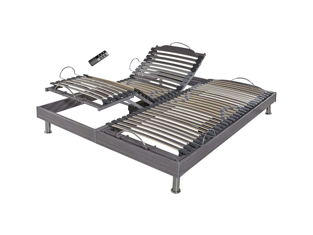 Sommier électrique S62+Lattes bois - Réglage fermeté zone lombaires - 2x90x200 - Gris
