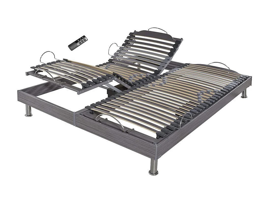 Sommier électrique S62+Lattes bois - Réglage fermeté zone lombaires - 2x90x200 - Gris