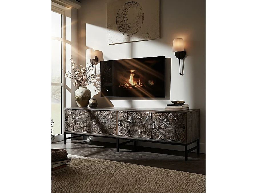 Hawaï - Meuble TV noir en manguier massif sculpté 160 cm