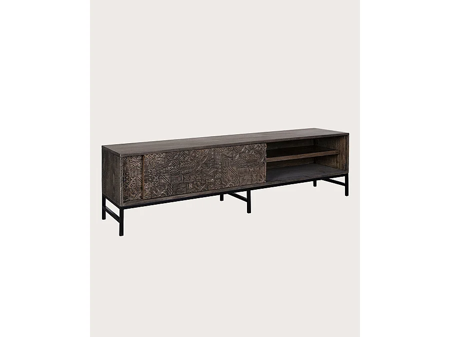 Hawaï - Meuble TV noir en manguier massif sculpté 160 cm