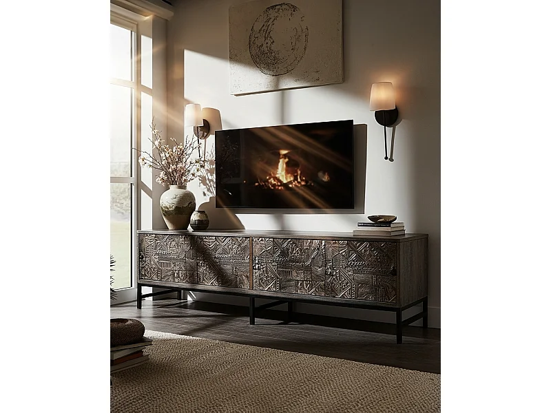 Hawaï - Meuble TV noir en manguier massif sculpté 160 cm