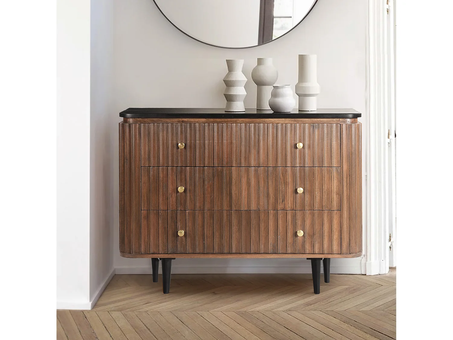 Petite commode en manguier massif plateau laqué noir RETRO L100 cm