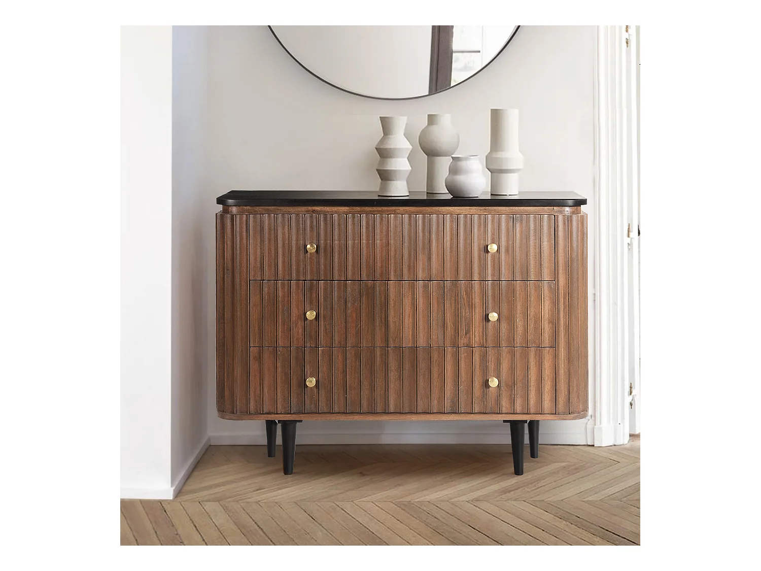 Petite commode en manguier massif plateau laqué noir RETRO L100 cm