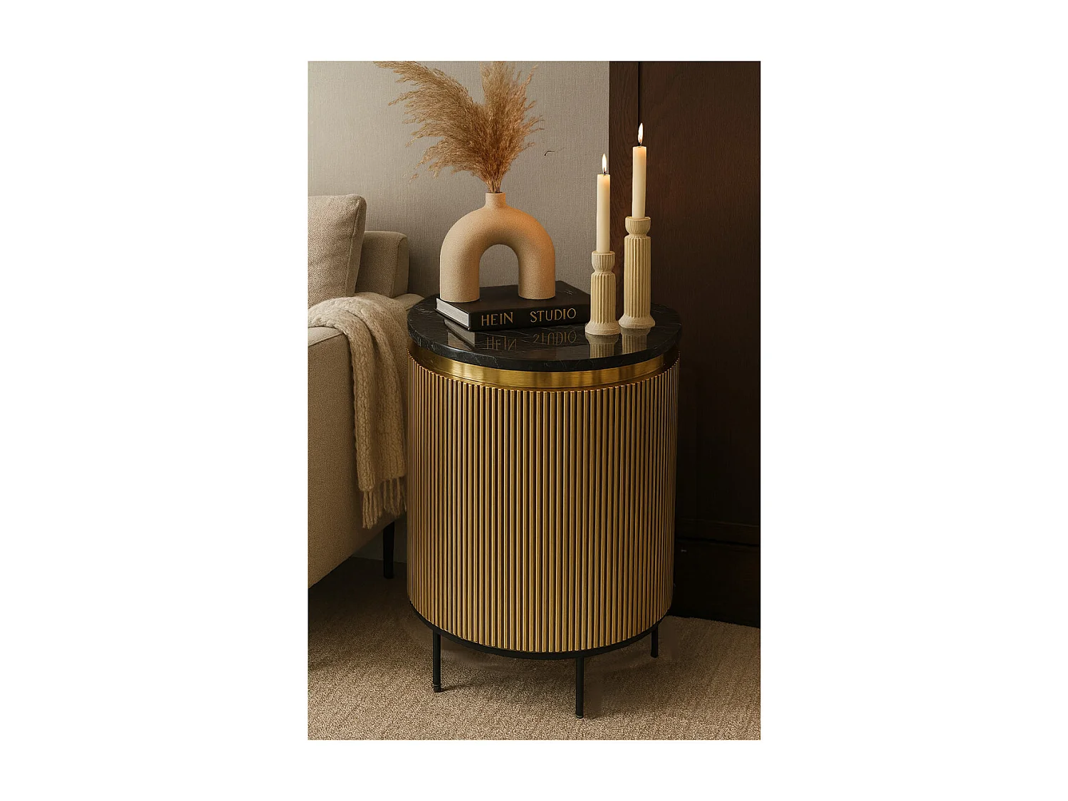 Glory - Table d'appoint finition laiton vieilli avec plateau en marbre noir