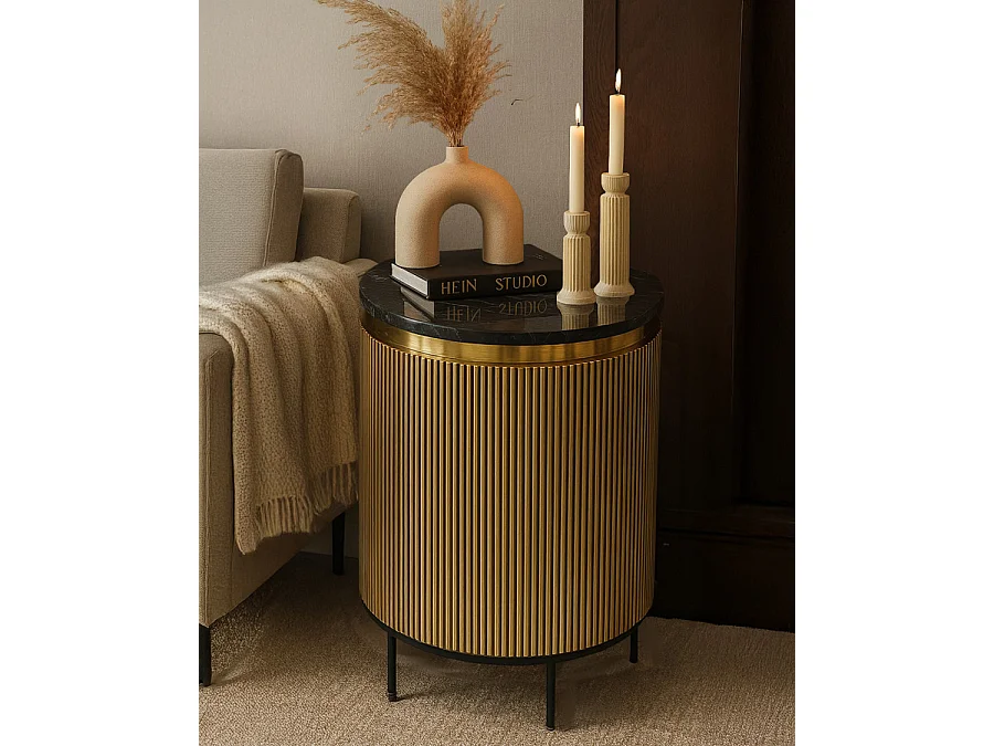 Glory - Table d'appoint finition laiton vieilli avec plateau en marbre noir
