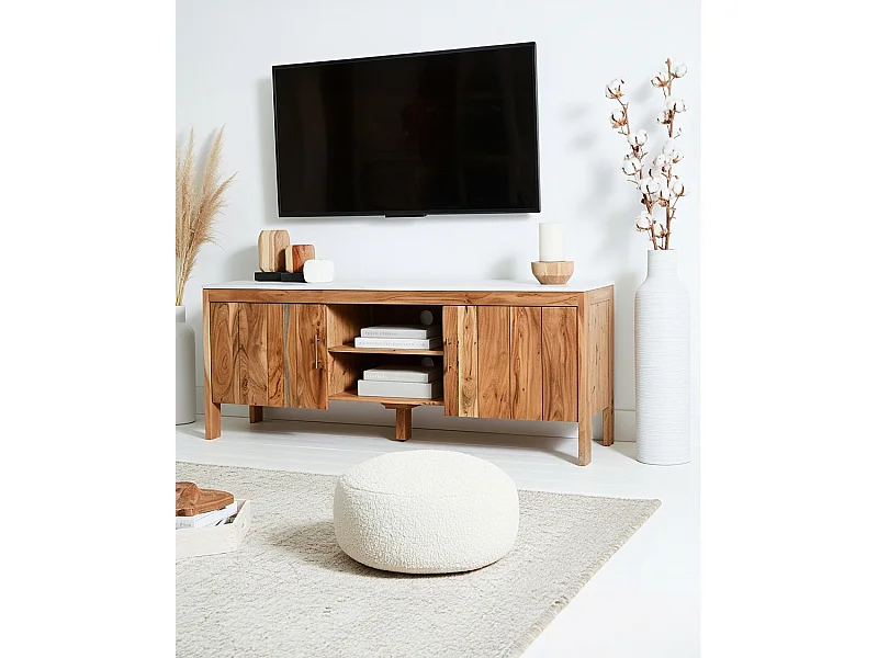 Havena - Meuble TV en bois massif d'acacia et marbre blanc