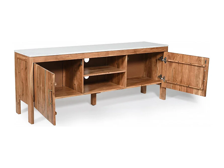 Havena - Meuble TV en bois massif d'acacia et marbre blanc