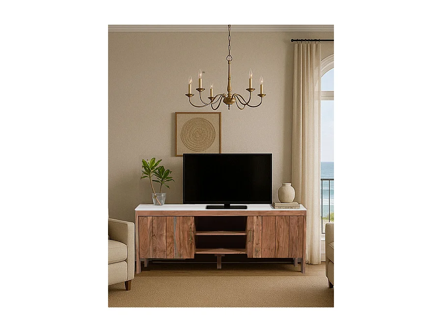 Havena - Meuble TV en bois massif d'acacia et marbre blanc