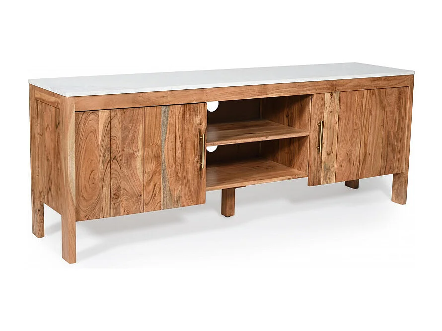 Havena - Meuble TV en bois massif d'acacia et marbre blanc