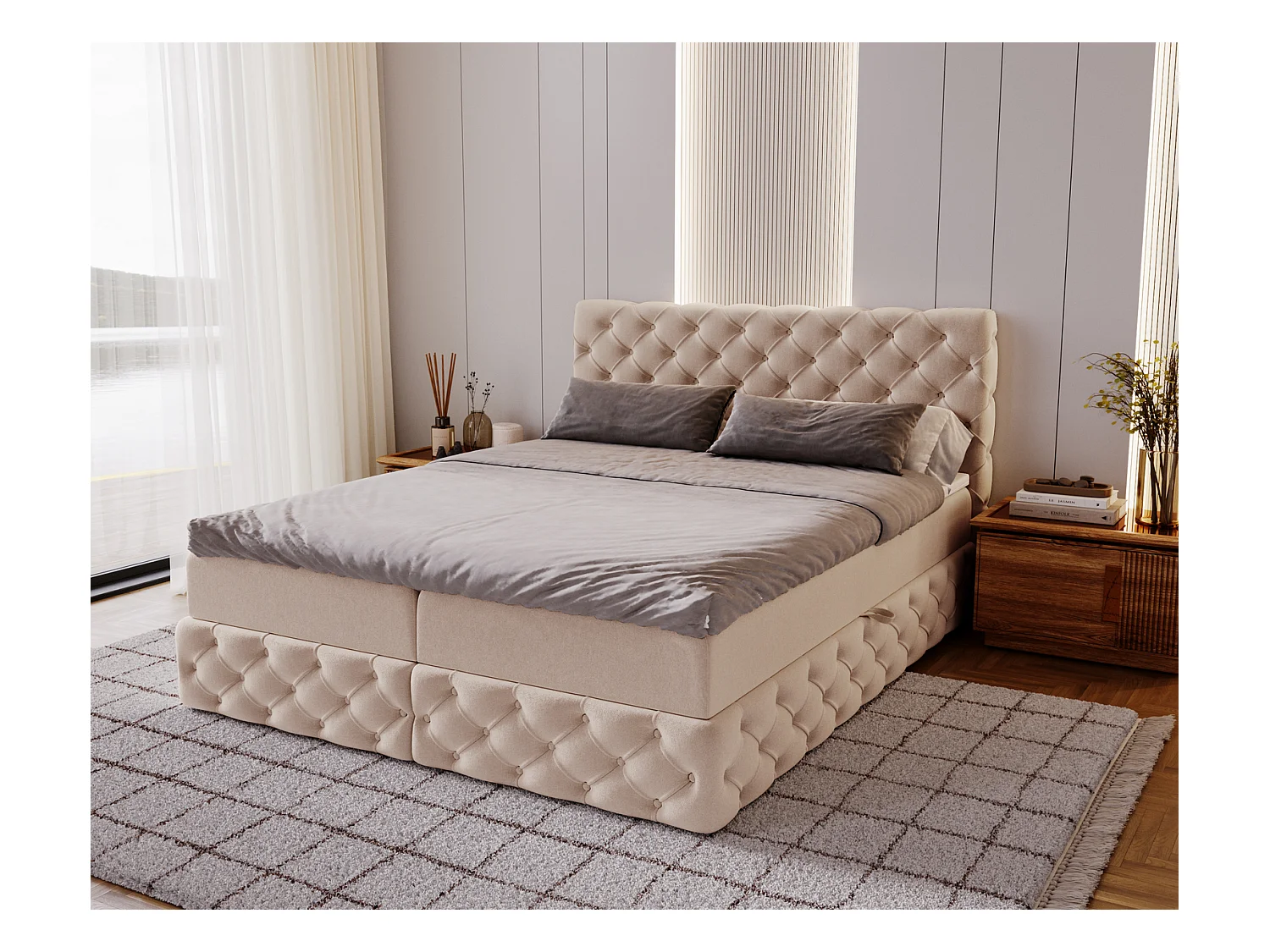Lit 180x200 avec Rangement Royal - Matelas Ressorts ensachés, Surmatelas - Lit Beige (Royal Velvet 3)