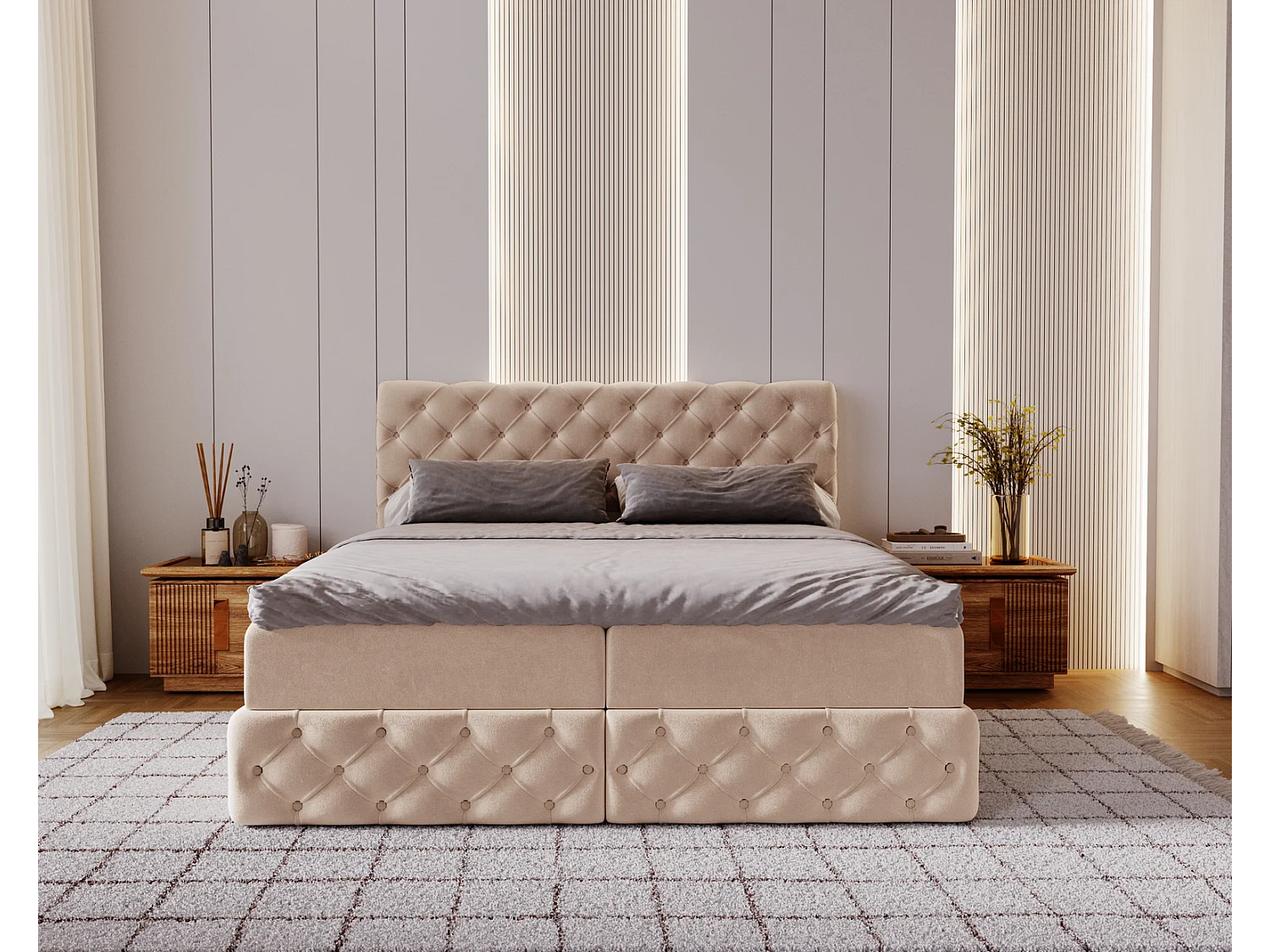 Lit 180x200 avec Rangement Royal - Matelas Ressorts ensachés, Surmatelas - Lit Beige (Royal Velvet 3)