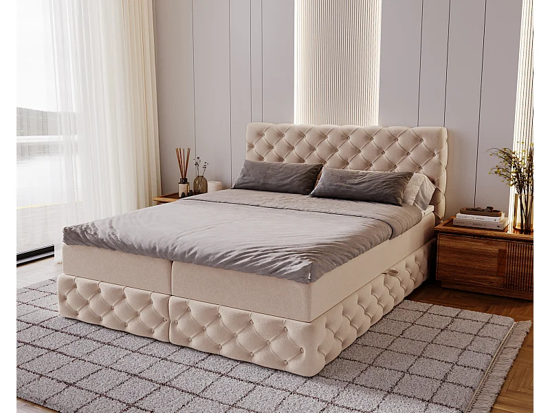 Lit 180x200 avec Rangement Royal - Matelas Ressorts ensachés, Surmatelas - Lit Beige (Royal Velvet 3)