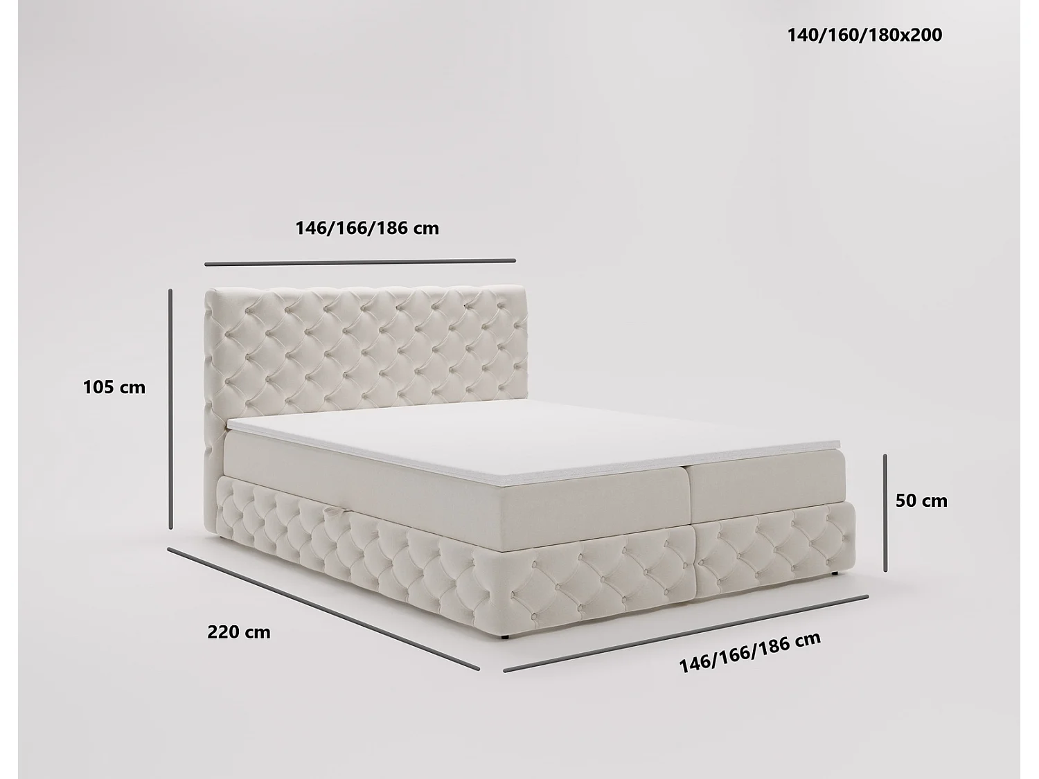 Lit 180x200 avec Rangement Royal - Matelas Ressorts ensachés, Surmatelas - Lit Crème (Royal Velvet 1)