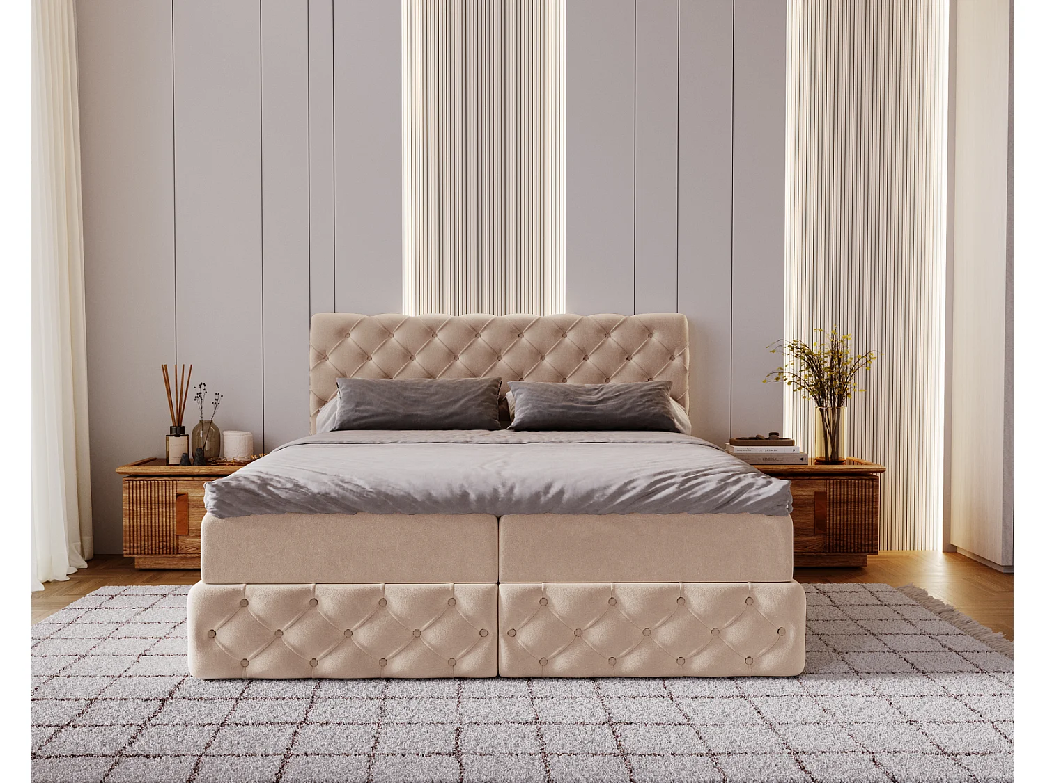 Lit 160x200 avec Rangement Royal - Matelas Ressorts ensachés, Surmatelas - Lit Beige (Royal Velvet 3)