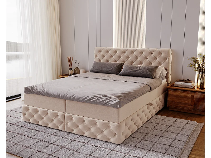 Lit 160x200 avec Rangement Royal - Matelas Ressorts ensachés, Surmatelas - Lit Beige (Royal Velvet 3)