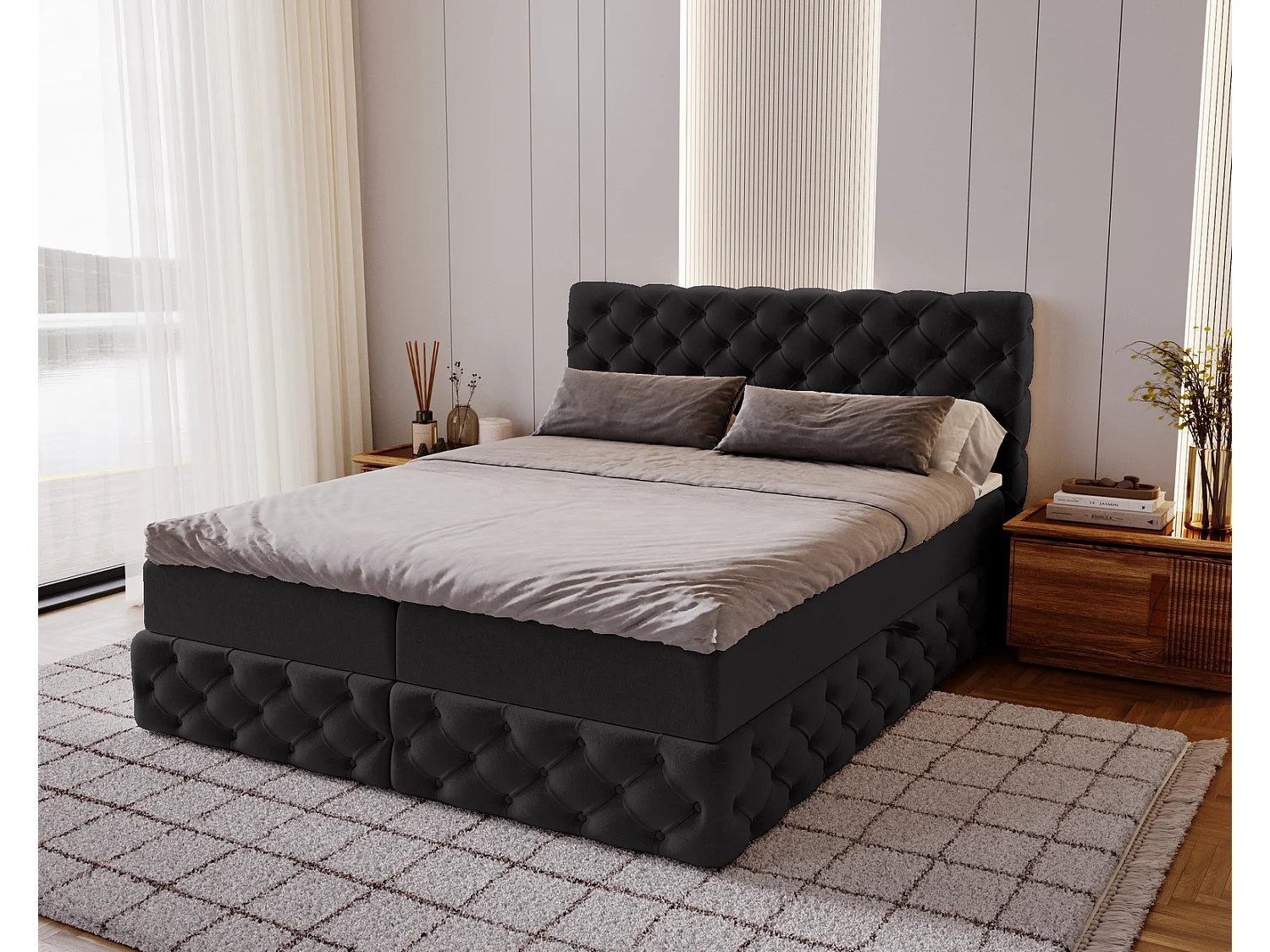 Gestoffeerd bed met matras 160x200 Royal - bed 160x200 met opbergruimte, topper, zwart (Royal Velvet 22)