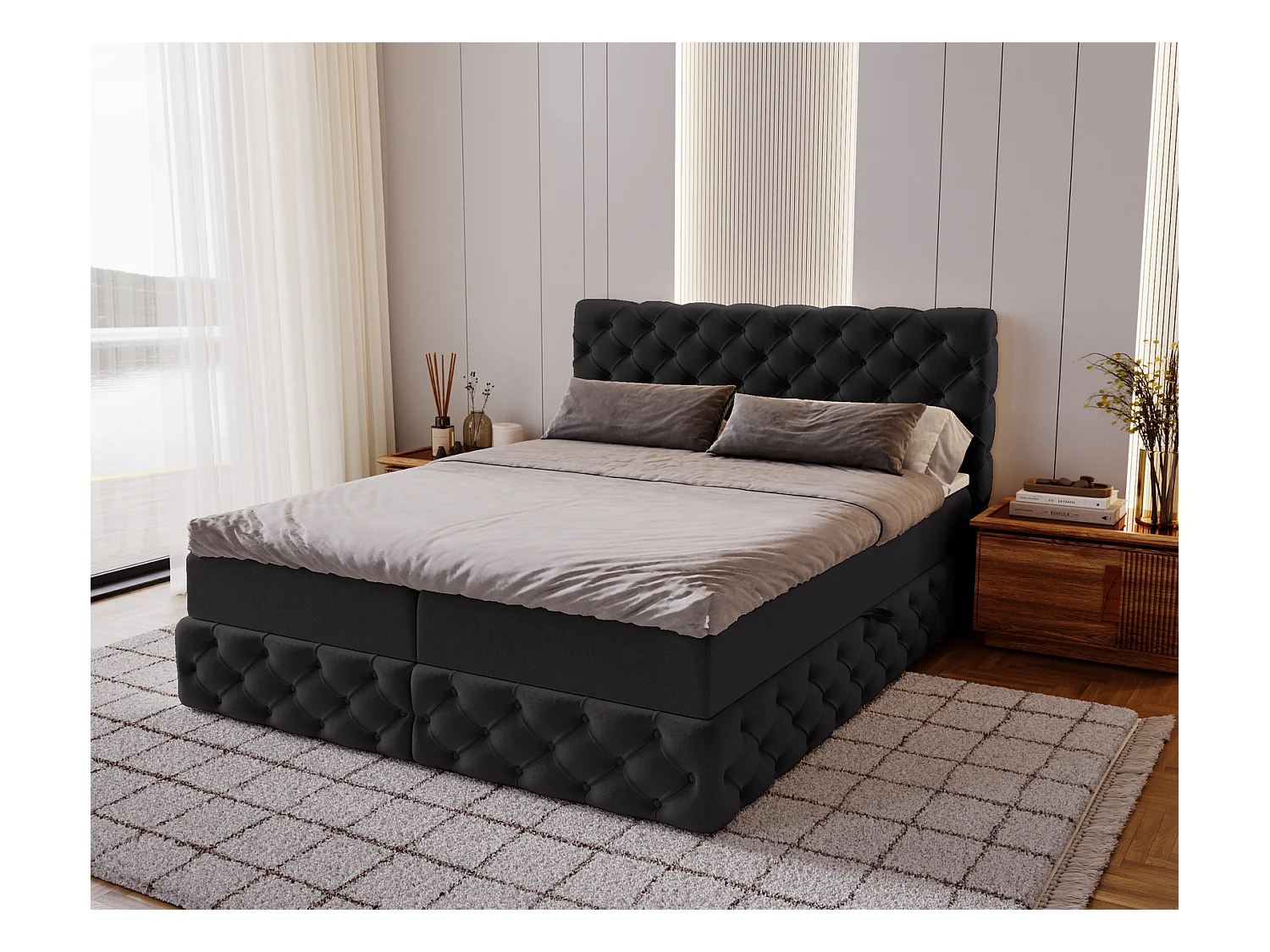 Lit 180x200 avec Rangement Royal - Matelas Ressorts ensachés, Surmatelas - Lit Noir (Royal Velvet 22)