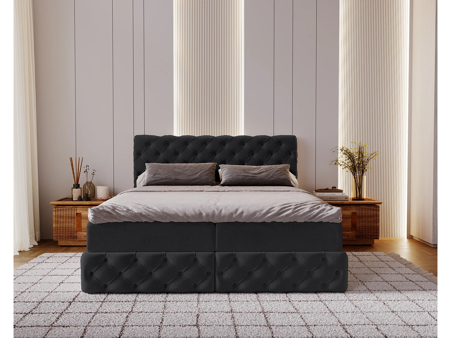 Lit 180x200 avec Rangement Royal - Matelas Ressorts ensachés, Surmatelas - Lit Noir (Royal Velvet 22)