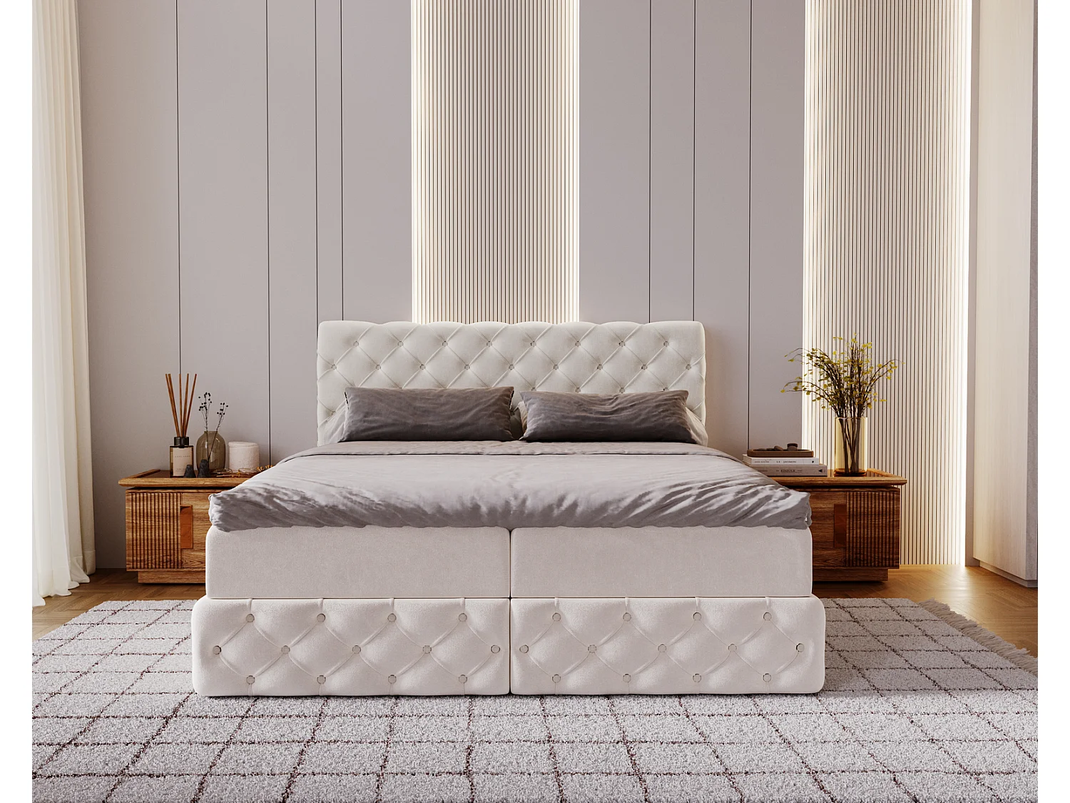 Gestoffeerd bed met matras 160x200 Royal - bed 160x200 met opbergruimte, topper, crème (Royal Velvet 1)