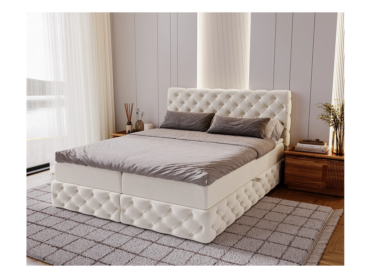 Lit 160x200 avec Rangement Royal - Matelas Ressorts ensachés, Surmatelas - Lit Crème (Royal Velvet 1)