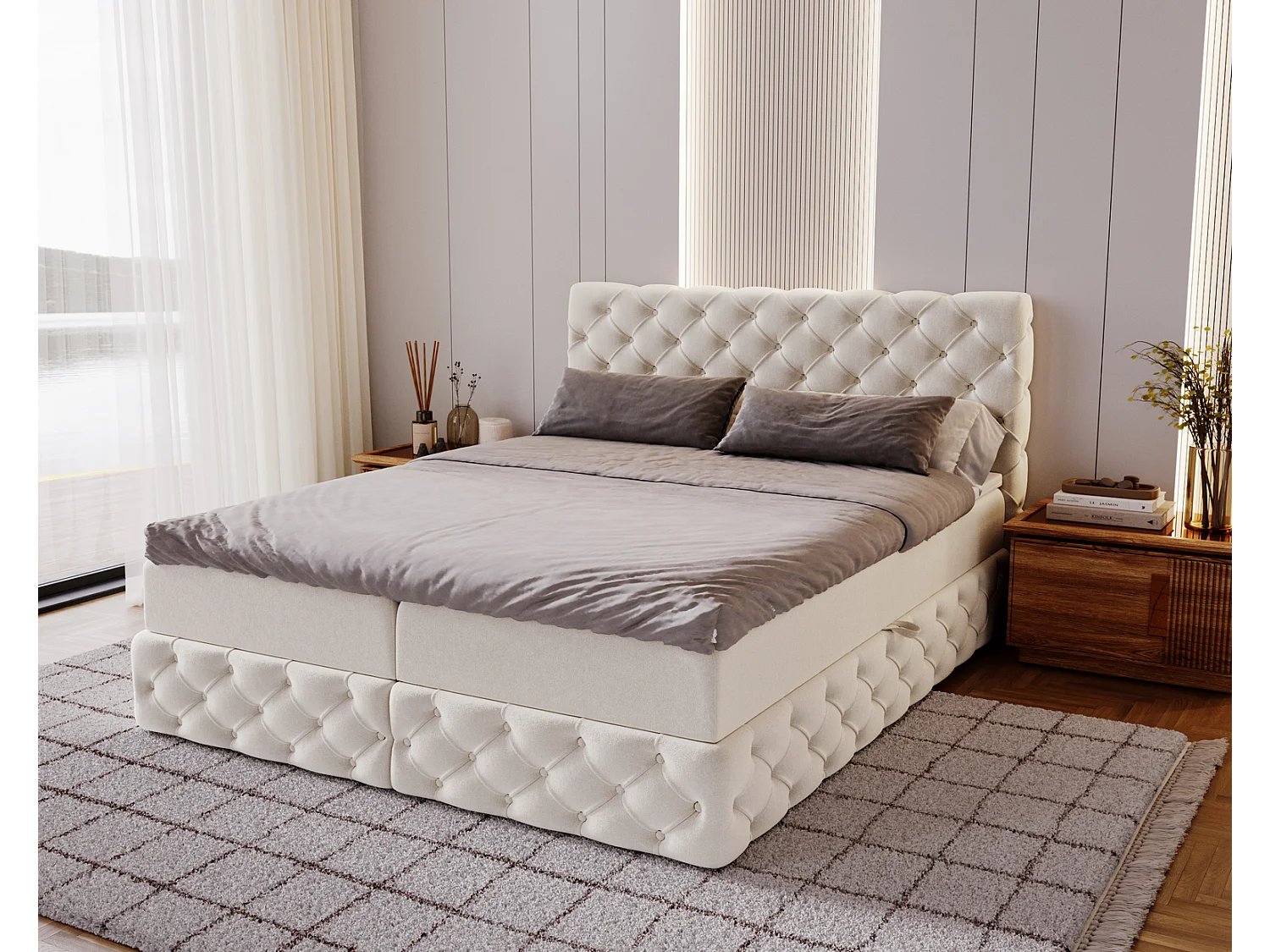 Lit 160x200 avec Rangement Royal - Matelas Ressorts ensachés, Surmatelas - Lit Crème (Royal Velvet 1)