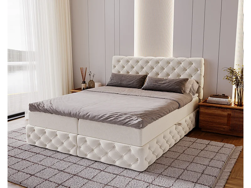 Lit 160x200 avec Rangement Royal - Matelas Ressorts ensachés, Surmatelas - Lit Crème (Royal Velvet 1)