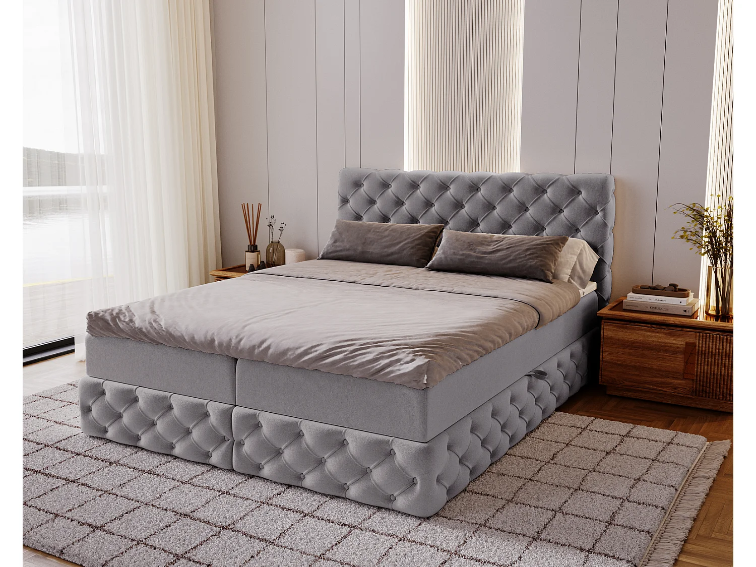 Lit 160x200 avec Rangement Royal - Matelas Ressorts ensachés, Surmatelas - Lit Gris (Royal Velvet 20)