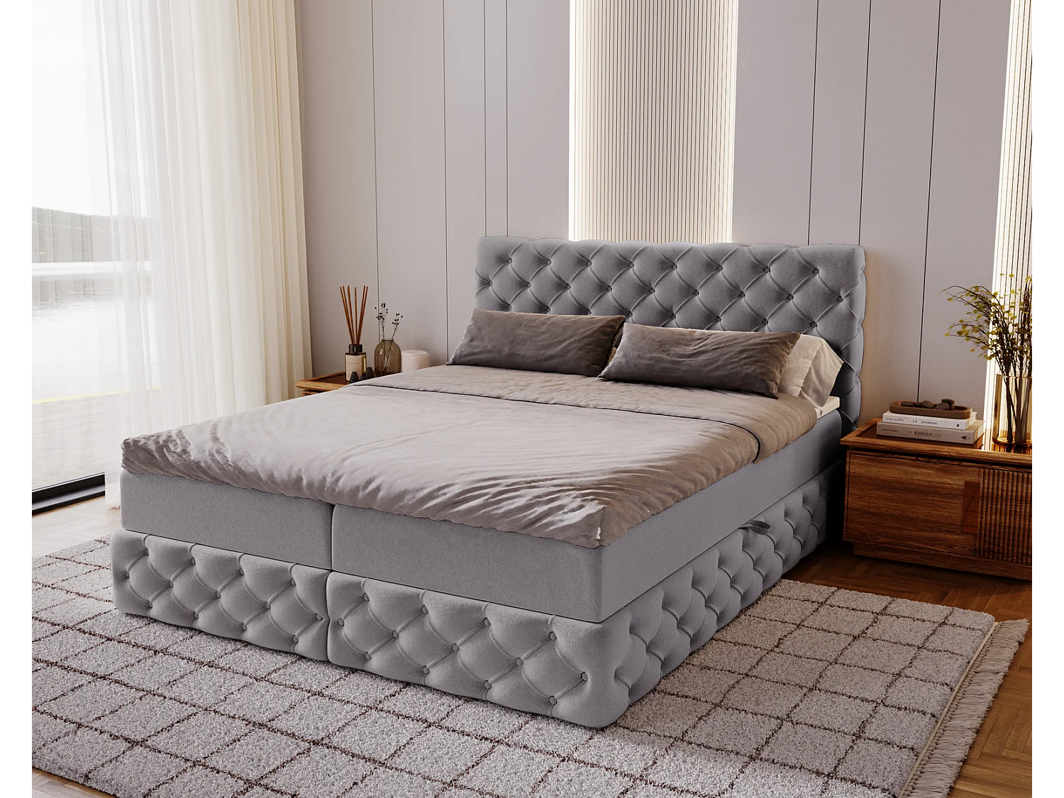 Lit 160x200 avec Rangement Royal - Matelas Ressorts ensachés, Surmatelas - Lit Gris (Royal Velvet 20)