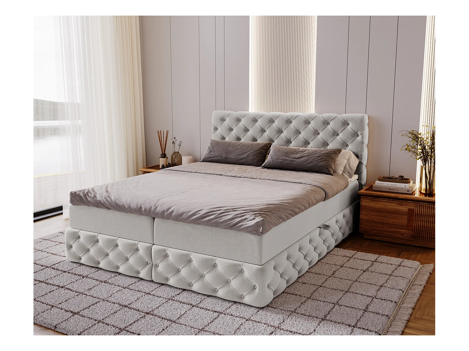 Lit 140x200 avec Rangement Royal - Matelas Ressorts ensachés, Surmatelas - Lit Gris clair (Royal Velvet 17)