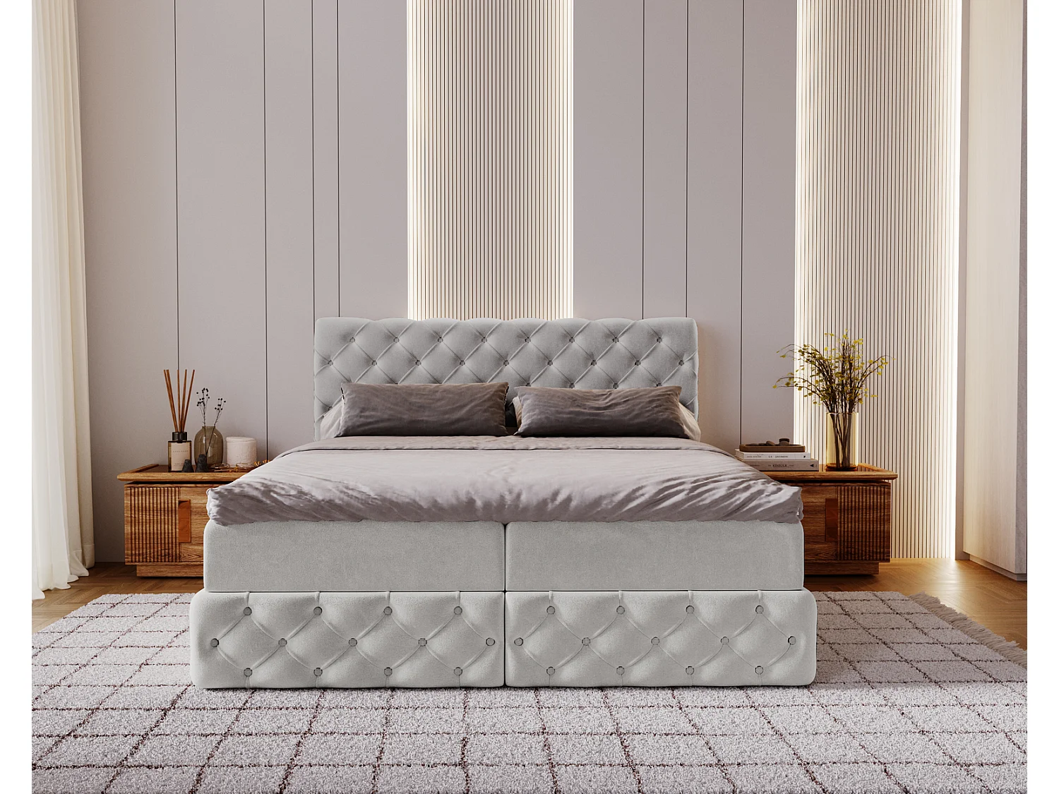 Lit 140x200 avec Rangement Royal - Matelas Ressorts ensachés, Surmatelas - Lit Gris clair (Royal Velvet 17)