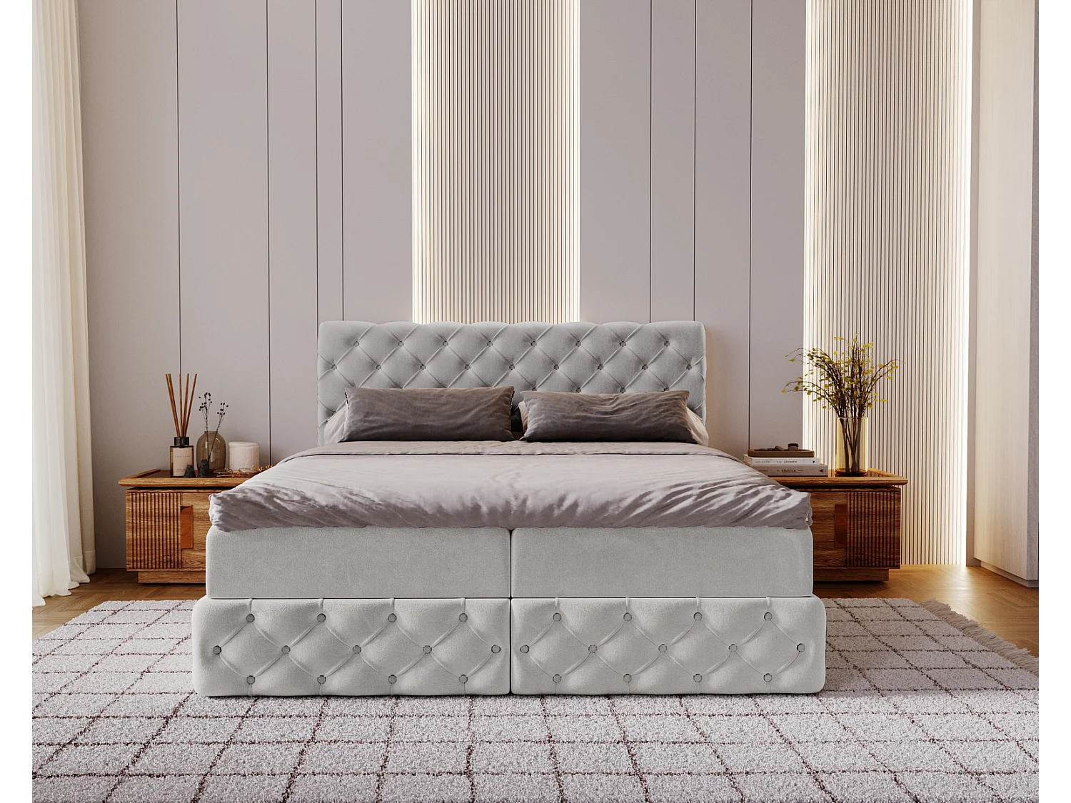 Lit 160x200 avec Rangement Royal - Matelas Ressorts ensachés, Surmatelas - Lit Gris clair (Royal Velvet 17)