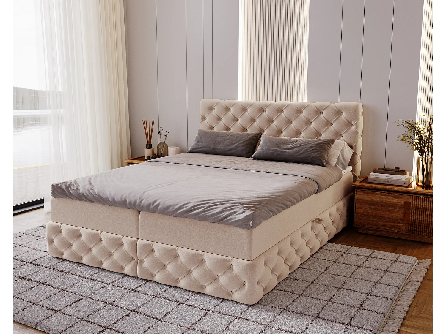 Gestoffeerd bed met matras 140x200 Royal - bed 140x200 met opbergruimte, topper, beige (Royal Velvet 3)
