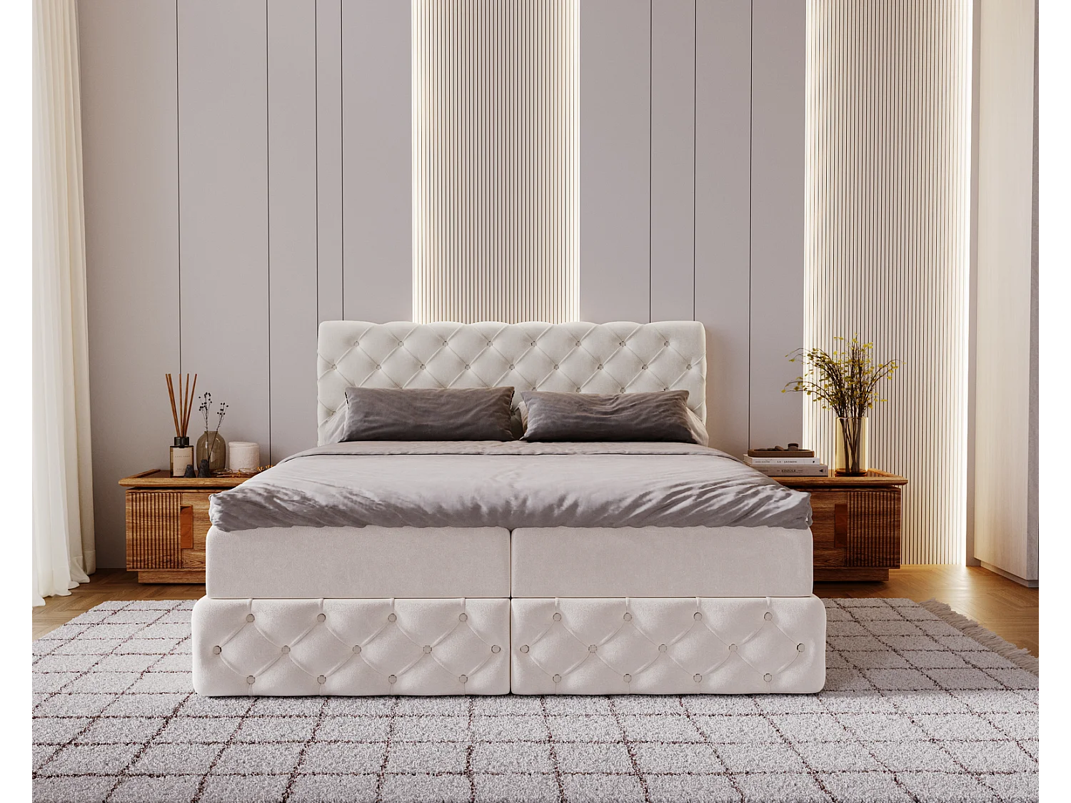 Gestoffeerd bed met matras 140x200 Royal - bed 140x200 met opbergruimte, topper, crème (Royal Velvet 1)