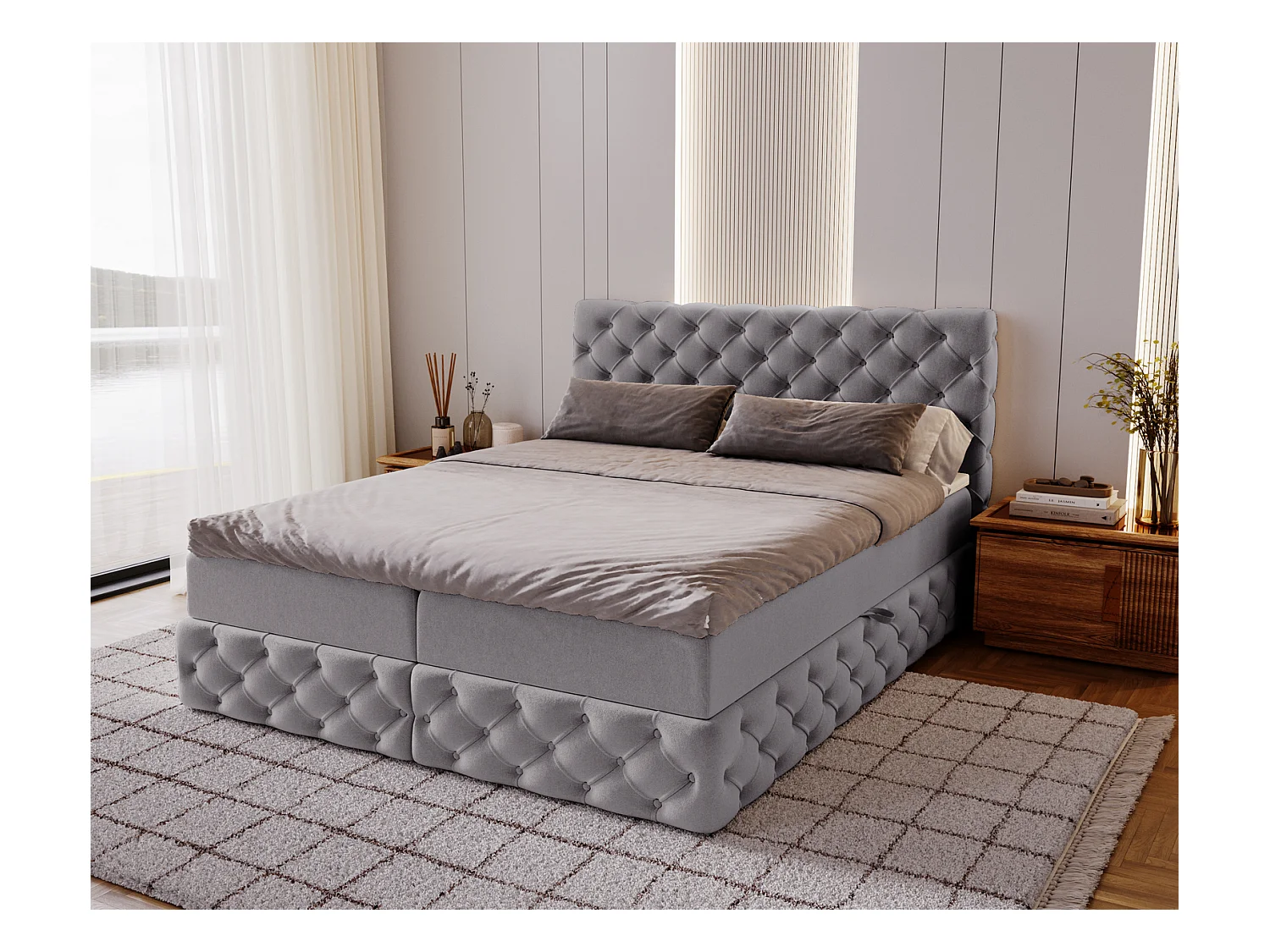 Lit 180x200 avec Rangement Royal - Matelas Ressorts ensachés, Surmatelas - Lit Gris (Royal Velvet 20)