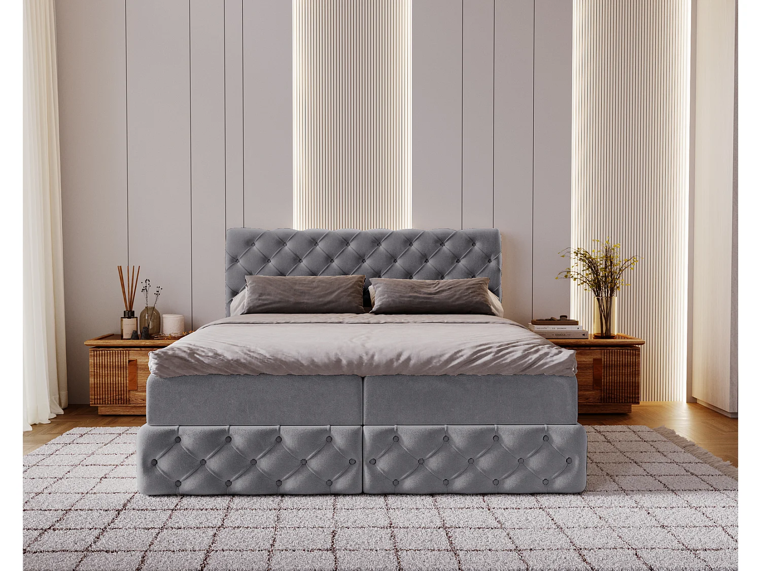 Lit 180x200 avec Rangement Royal - Matelas Ressorts ensachés, Surmatelas - Lit Gris (Royal Velvet 20)