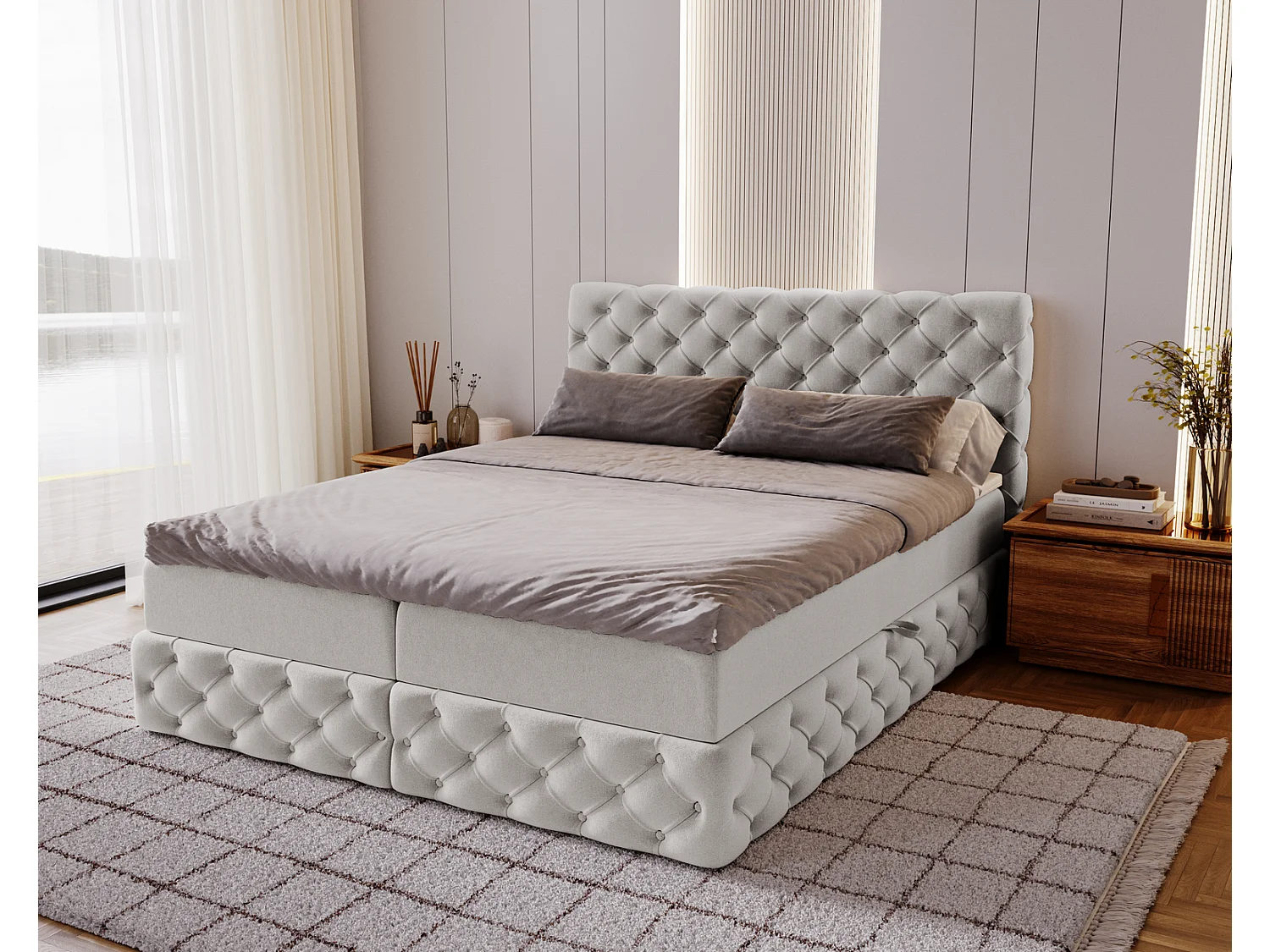 Lit 180x200 avec Rangement Royal - Matelas Ressorts ensachés, Surmatelas - Lit Gris clair (Royal Velvet 17)
