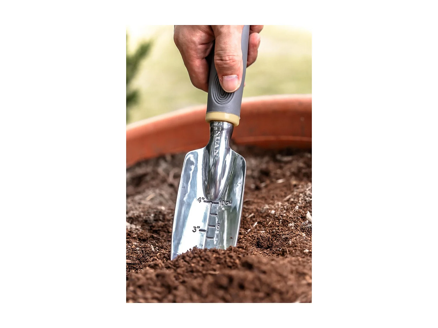 Juego de 3 herramientas de jardinería - Suan - Horquilla, rastrillo para flores y trasplantador - Aluminio