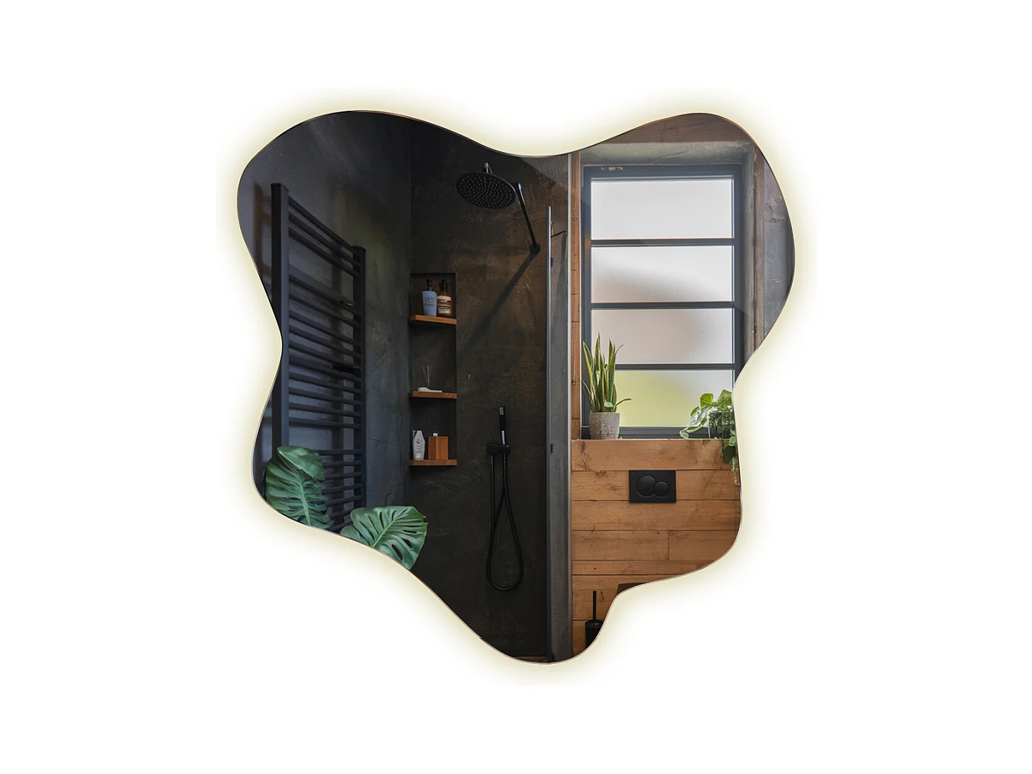 Specchio asimmetrico di tendenza con LED, luce neutra, ideale per bagno e ingresso - 58 cm x 57,5 cm