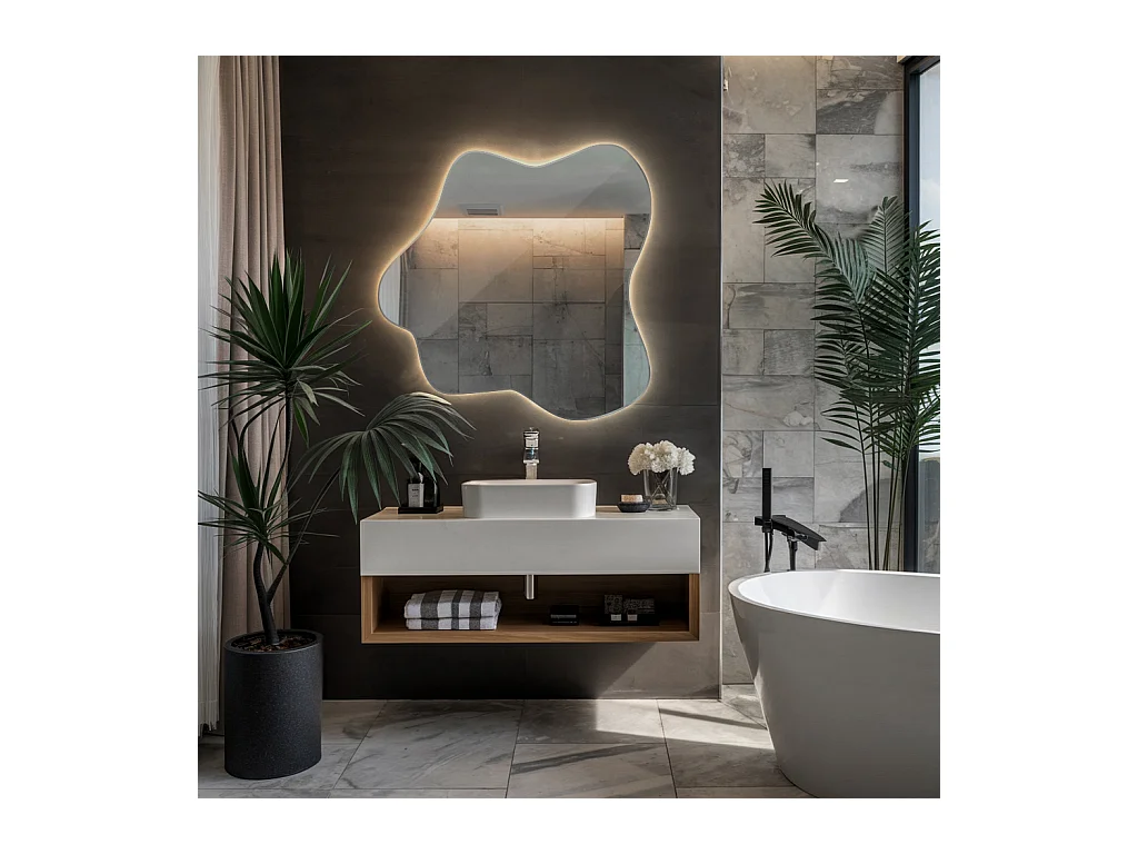 Trendiger asymmetrischer Spiegel mit LED, neutrales Licht, ideal für Badezimmer und Flur - 58 cm x 57,5 cm