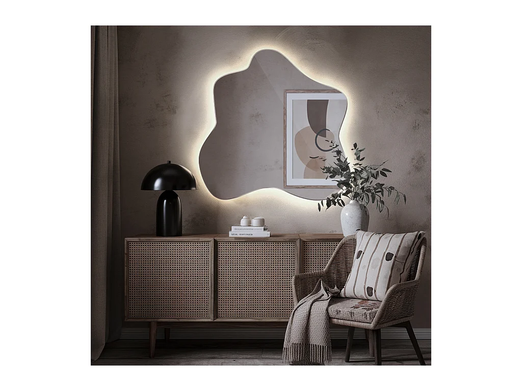 Trendiger asymmetrischer Spiegel mit LED, neutrales Licht, ideal für Badezimmer und Flur - 58 cm x 57,5 cm