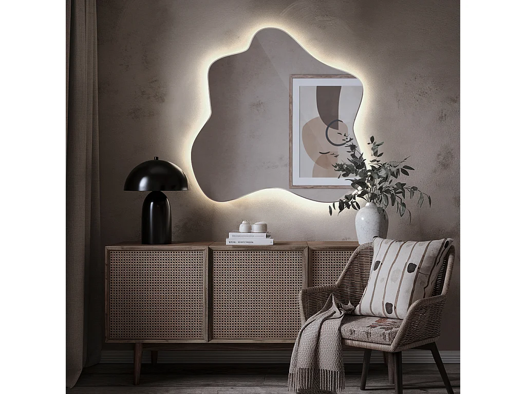 Trendiger asymmetrischer Spiegel mit LED, neutrales Licht, ideal für Badezimmer und Flur - 58 cm x 57,5 cm