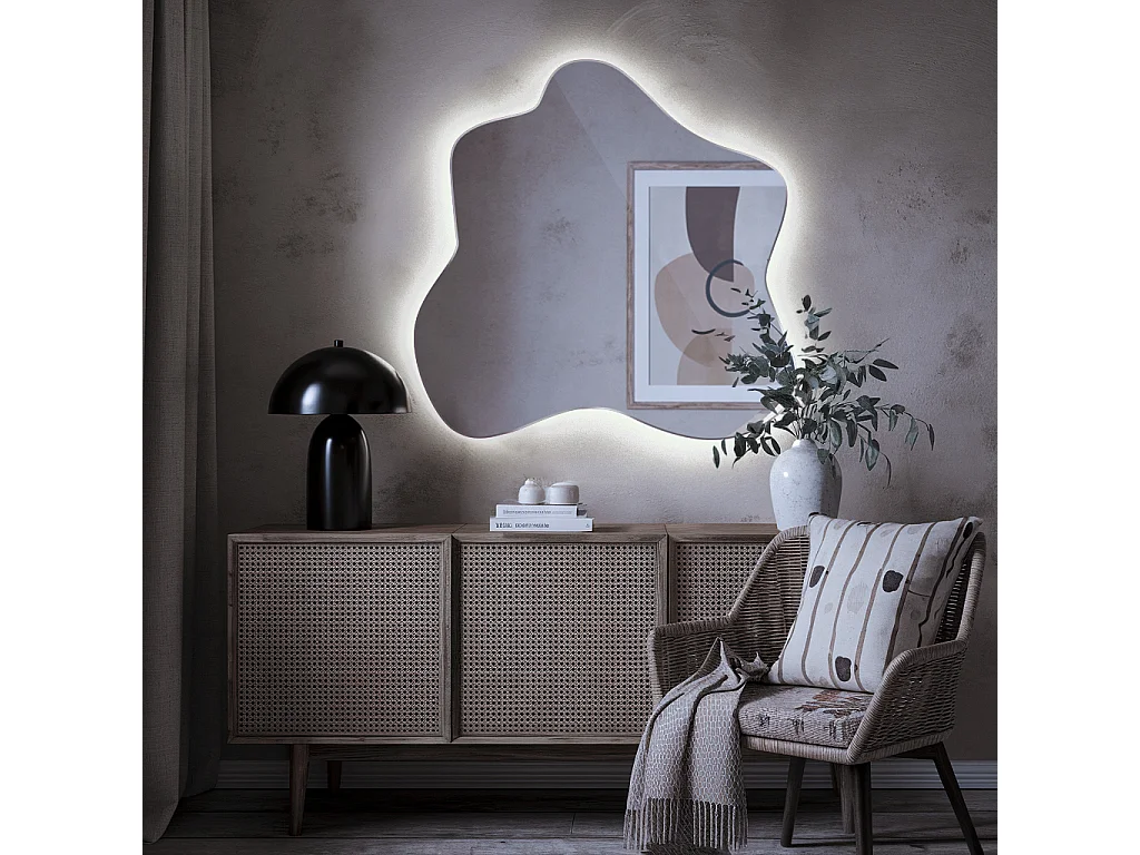 Decoratieve vloeiende en onregelmatige spiegel met LED-verlichting, koud licht, perfect voor een artistieke touch en een eigentijdse sfeer - 77,3 cm x 76,6 cm