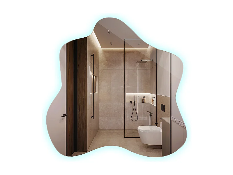 Miroir mural asymétrique moderne avec lumière LED froide, idéal pour décoration minimaliste et ambiance contemporaine - 67,6 cm x 67 cm