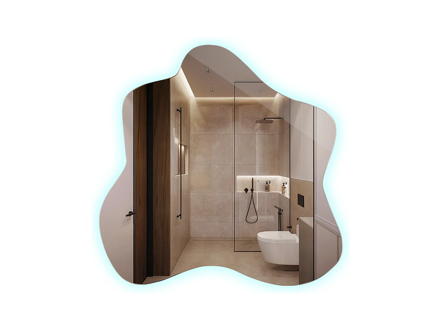 Moderner asymmetrischer Wandspiegel mit kalter LED-Beleuchtung, ideal für minimalistische Dekorationen und moderne Räume - 67,6 cm x 67 cm