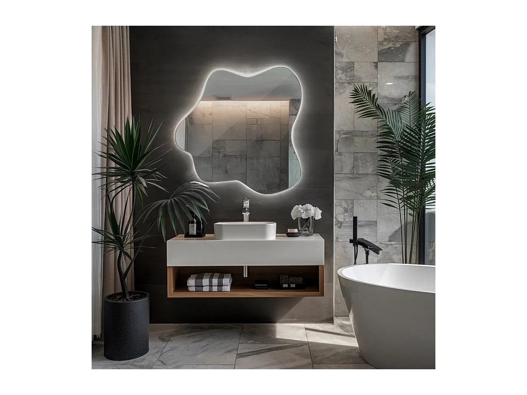 Moderner asymmetrischer Wandspiegel mit kalter LED-Beleuchtung, ideal für minimalistische Dekorationen und moderne Räume - 67,6 cm x 67 cm