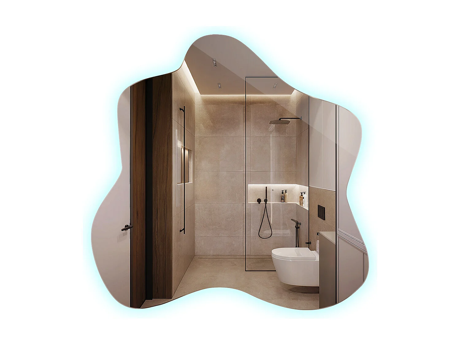 Moderner asymmetrischer Wandspiegel mit kalter LED-Beleuchtung, ideal für minimalistische Dekorationen und moderne Räume - 67,6 cm x 67 cm