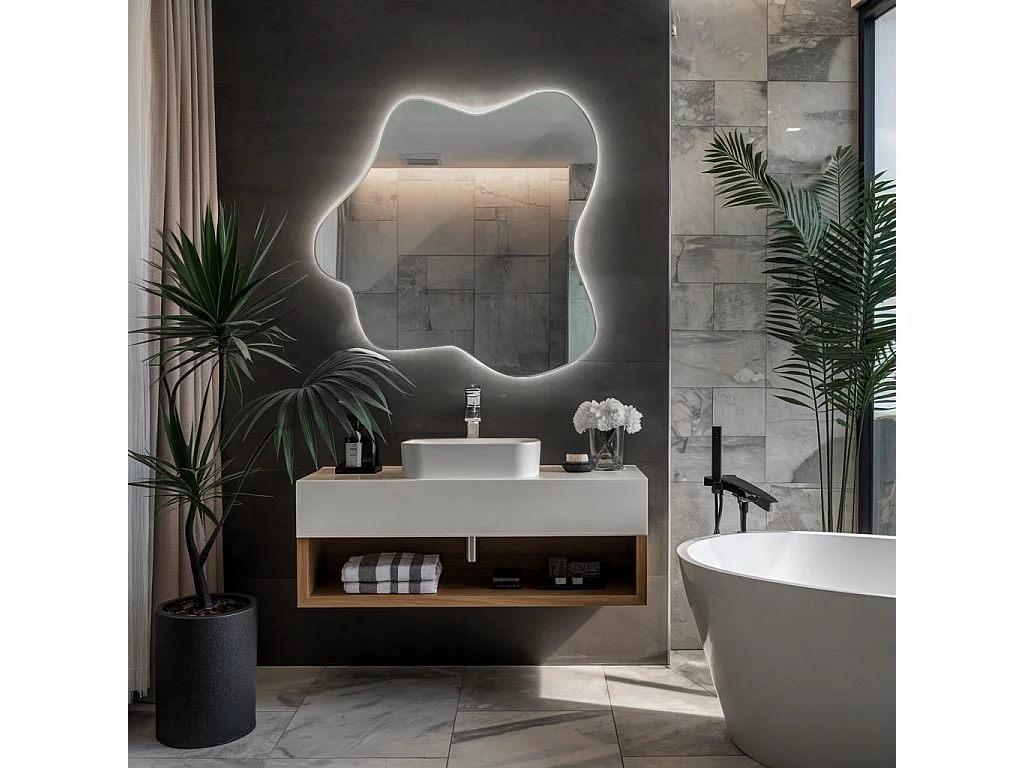 Moderner asymmetrischer Wandspiegel mit kalter LED-Beleuchtung, ideal für minimalistische Dekorationen und moderne Räume - 67,6 cm x 67 cm